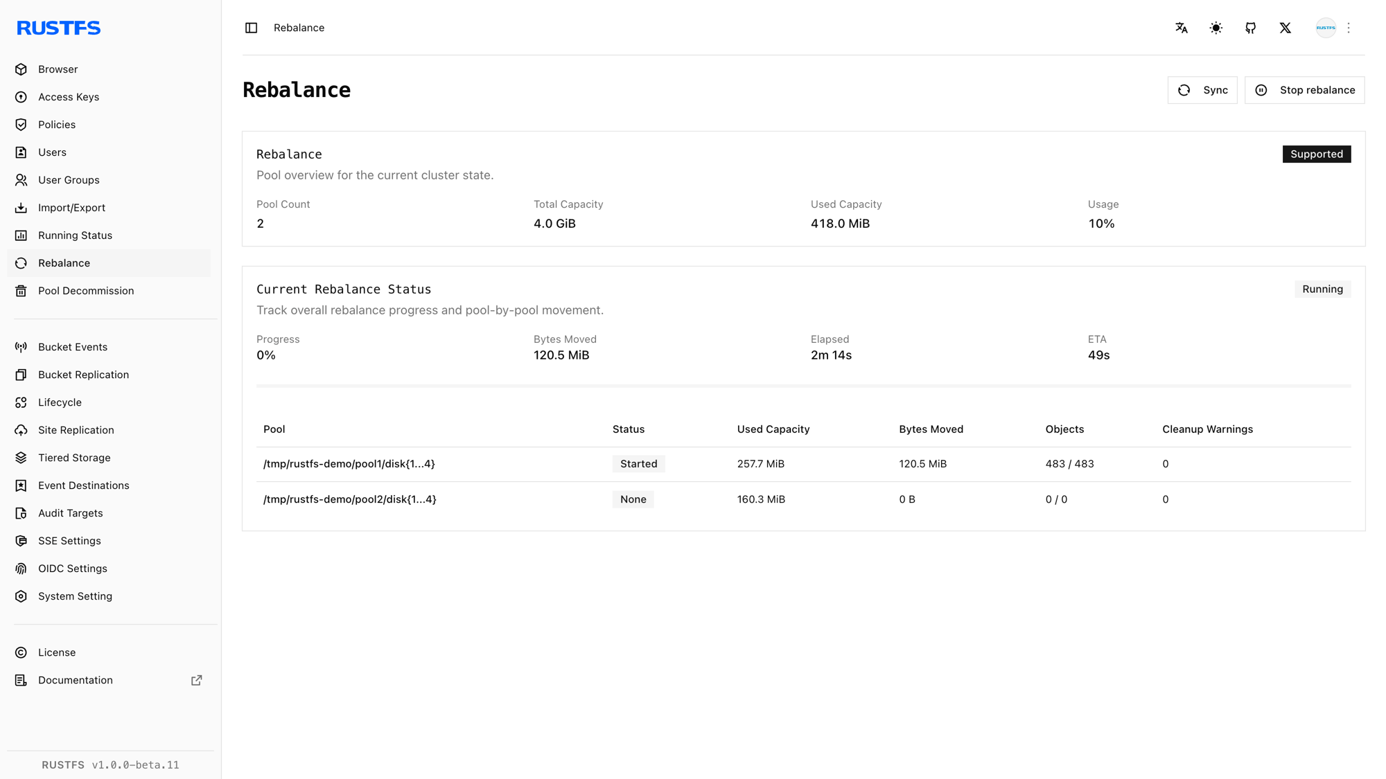 RustFS Console mit laufendem Rebalancing, verschobenen Bytes und Objekten