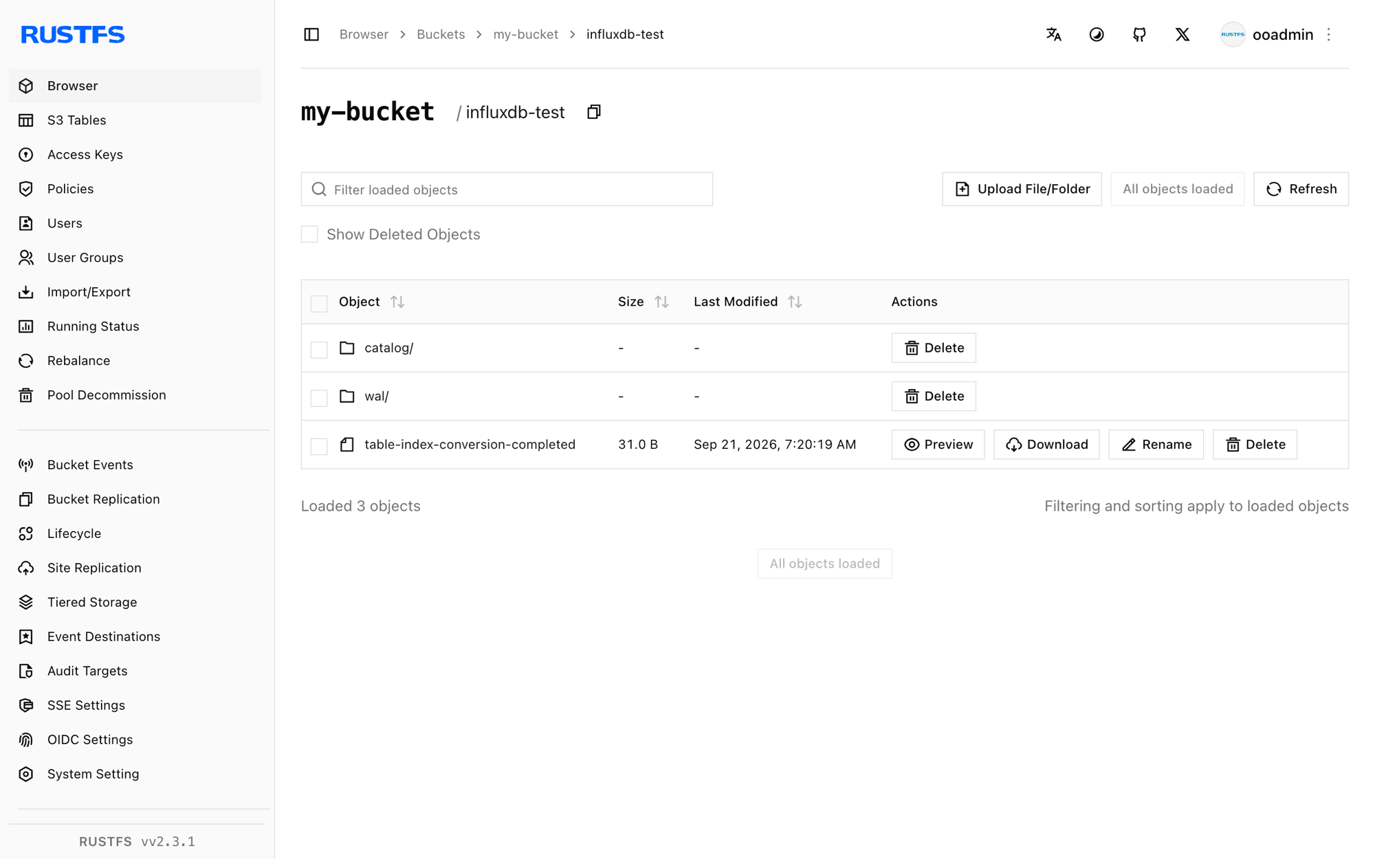 The InfluxDB node prefix stored in the RustFS Console
